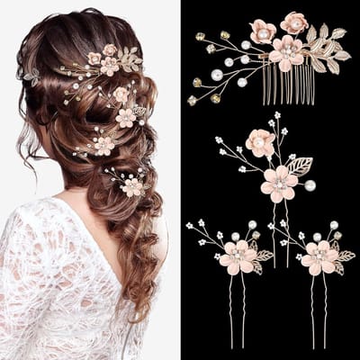 Famanu - Bruids haarcombs, roze bloemen strass haarclip, kristal/parel updo accessoire voor feest/prom