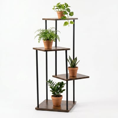 Lomera Plantenrek - Plantentrap - Plantenstandaard - Bloemenrek - Bloemenstandaard met 4 Etages - Industrieel - Etagere - Plantenladder - Plantentafel - Metaal en Hout - voor Binnen - Bloementrap