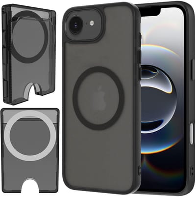 Hoesje + Pasjeshouder geschikt voor iPhone 16e - Portemonnee geschikt voor MagSafe - Magnetisch - Pasjes Houder - Creditcardhouder - Gerookt Zwart