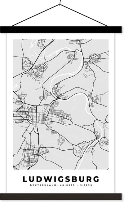 Posterhanger incl. Poster 40x60 cm - Schoolplaat - Plattegrond - Duitsland - Ludwigsburg - Kaart - Stadskaart - Textielposter - Zwarte latten - Stadskaart