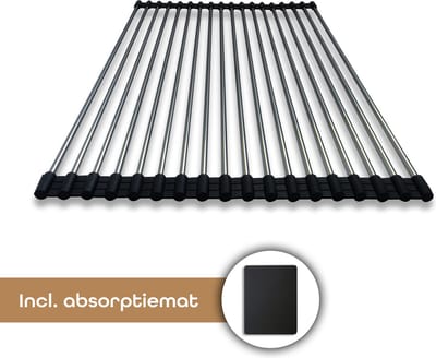 Baulk® - Afwas droogrek – Oprolbaar - Afdruiprek - Afwasrek – Met gratis afdruipmat – Droogmat – Hoog absorberend – RVS – Modern – Oprolbaar – 45cm x 31cm