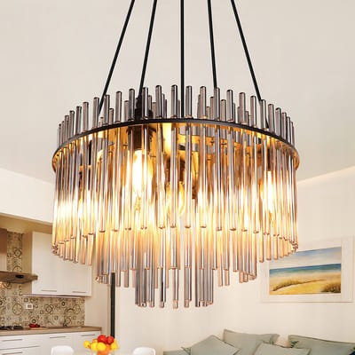 NETTLIFE Hanglamp - Glas - E14 Fitting - rond - 5-lichts - rookgrijs - Vintage Eetkamerlamp - in hoogte verstelbaar - voor Eetkamer | Slaapkamer | Café | Keuken-excl. lichtbron