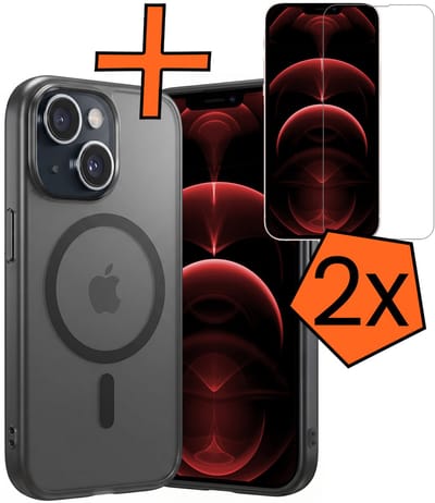 Hoes - Met 2x Screenprotector - Geschikt voor Apple iPhone 14 - Magsafe Compatible - Sterk & Shockproof - Back Cover - Shock Proof Case - Telefoon Hoes - Zwart