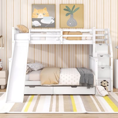 DESMIU Stapelbed 90x200cm Boven 140x200cm Onder – Met Glijbaan En Opbergruimte – Met 2 Laden – Voor Kinderkamer En Gezin – Grenen – Antiekwit – Zonder Matras