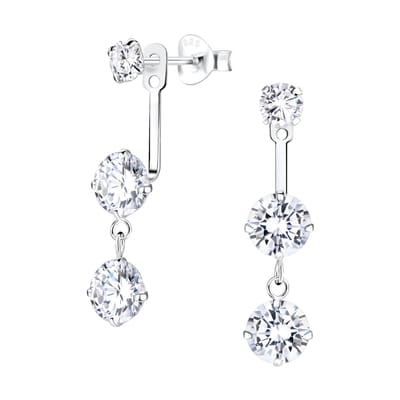Zilveren Tripje Cubic Zirconia Ear jackets oorhangers | earjackets hanger | zilveren oorbellen dames | Zilverana | sieraden vrouw | Sterling 925 Silver