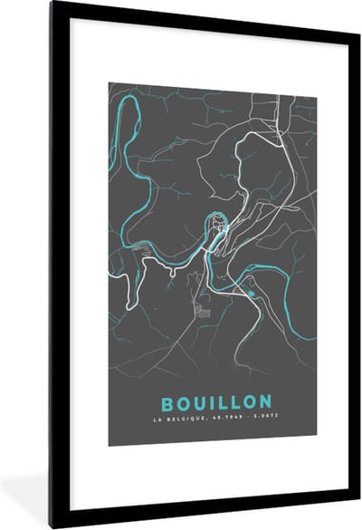 Fotolijst incl. Poster - Stadskaart – Grijs - Kaart – Bouillon – België – Plattegrond - 80x120 cm - Posterlijst