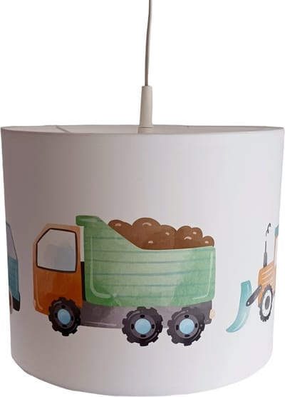 Hanglamp voertuigen - lampen - hijskraan, tractor, betonwagen, kiepwagen - 30x30x24 cm - kinder & babykamer - kunststof - wit - excl. lichtbron