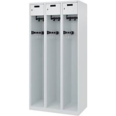 Brandweerkluis C+P Evolo PRAKTUS, 3 vakken, met sokkel, vloerglijders, B 900 x D 500 x H 1850 mm, RAL 7035 lichtgrijs