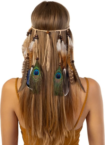 KIMU® Hoofdband Veren Bruin Pauwenogen - Ibiza Hippie Indiaan Haarband - Veertjes Kraaltjes Vlecht Leer Haar Bohemian Boho Chic Coachella Festival