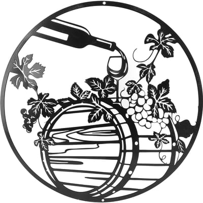 30CM Ronde Wanddecoratie Wijnfles Druivenblad Sculptuur IJzerkunst Holle Decoratie voor Thuisbar black