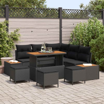 vidaXL - Tuinbank - Set - 9 - st - 8-Aantal - zitplaatsen - Zwart - Poly - rattan