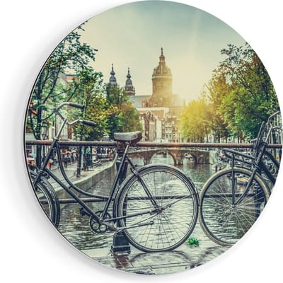 Artaza Dibond Muurcirkel Amsterdamse Brug Bij Een Gracht Met Zonsondergang - Ø 80 cm - Groot - Wandcirkel - Rond Schilderij - Voor Binnen en Buiten