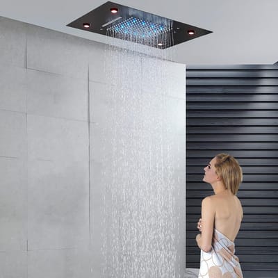 Douchepomp 49 cm * 35 cm Douchekop Regen LED Vierkant Multifunctioneel met Remote Controle van de Temperatuur 3 Kleuren Veranderende Waterstroom Voed in Zwart Mat Laiten