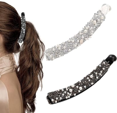 Dailygoods- Haarspeld Antislip - Vintage Banaan Haarspeld - Strass Parel Haarspeld - Paardenstaart Houder - Set van 2 - Voor Dik/Fijn Haar - Haarclip