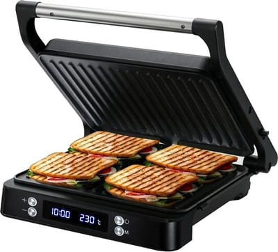 Olvy Tosti Apparaat XL - Panini - Timerfunctie - Temperatuurregeling - Voor 4 Tosti's - Croque Monsieur Toestel - PFAS Vrij - Grill Ijzer - Contactgrill - Apparaten - Uitklapbaar