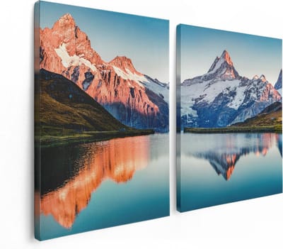 Artaza Canvas Schilderij Tweeluik Bergen Landschap Bij Het Meer - 120x80 cm - Wanddecoratie Woonkamer - Schilderijen - Muurdecoratie