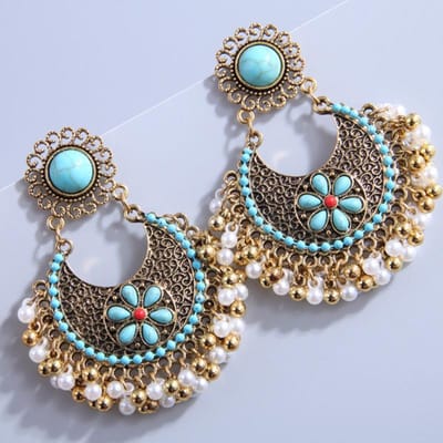 Vintage Oorbellen Badplaats, Legering Turquoise Parel Franjes Etnische Oorbellen goud