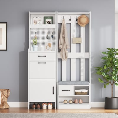 MODFU - Halgarderobe - 7-In-1 Opbergruimte Met Schoenenbank En Haken - Modern - Spaanplaat - Wit - 110 X 35 X 175,5 Cm