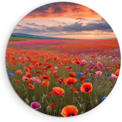 Saammp Muurcirkel Hout - Landschap - Blauw - Rood - Bloemenveld - Natuur - Ø 90 - Wandcirkel - Wanddecoratie Cirkel - Muurdecoratie Woonkamer - Slaapkamer decoratie - Rond Schilderij