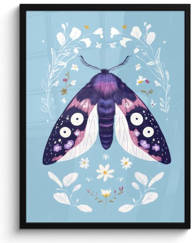 Poster in lijst - Fotolijst 50x70 cm - Posters - Bladeren - Wit - Vlinder - Insect - Posterlijst zwart - Decoratie - Wanddecoratie woonkamer - Muurdecoratie slaapkamer