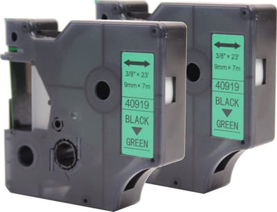 KATRIZ® huismerk label tape voor Dymo 40919 | LabelManager PNP/LabelPoint 150/Protable Labeler PL200/RhinoPRO 5200/6000 | Zwart op Groen | 9mm*7m | 2 stuks