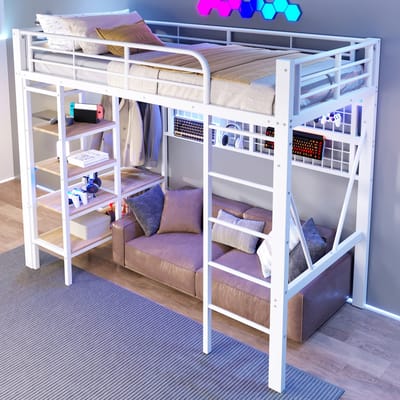 MODENUIT Hoogslaper 90x200 cm – LED-lichtstrip met app-bediening – Opbergvak en hangnet – Metaal/MDF – Zonder matras – Wit