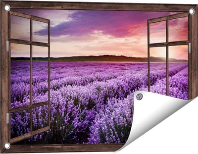 Gards Tuinposter Doorkijk Bloemenveld met Paarse Lavendel - Bloemen - 60x40 cm - Tuindoek - Tuindecoratie - Wanddecoratie buiten - Tuinschilderij