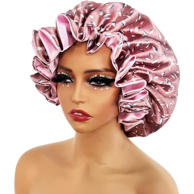 Vrouwen satijnen muts dubbellaags zijdezachte grote muts voor dames met print slaapmuts hoofddoek beige