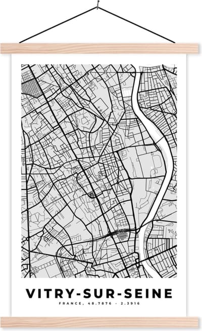 Posterhanger incl. Poster 40x60 cm - Schoolplaat - Kaart - Stadskaart - Frankrijk - Vitry-sur-Seine - Plattegrond - Textielposter - Blanke latten - Stadskaart