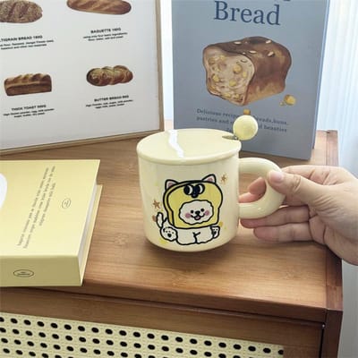 Leuke Toast Puppy Hoge Waarde Keramische Mok met Deksel Lepel Praktische Verjaardagscadeaus voor Vrienden Betekenisvol 301-400ml beige