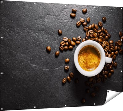 Gards Tuinposter Kopje Koffie met Koffiebonen - 160x120 cm - Tuindoek - Tuindecoratie - Wanddecoratie buiten - Tuinschilderij