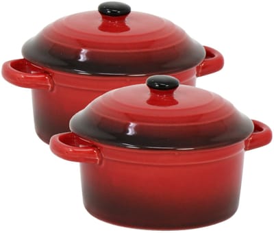 Excellent Houseware Mini stoofpannetje - Set van 10x stuks - ovenschaaltje - rood - 9 cm - porselein - serveerschaaltje - Tapaspannetje