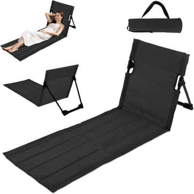 Opvouwbare strandstoel met rugleuning en zitkussen, ideaal voor strand, camping en picknick, zwart