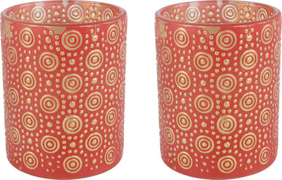 Countryfield Luxe theelichthouder - 2x stuks - Fantasy - glas - rood/goud - D7 x H8 cm