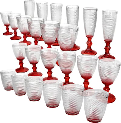 24-delig set RUBIN champagne-, rode wijn-, witte wijn- en waterglazen rood van glas – 6x 77094, 6x 77096, 6x 77098 & 6x 77089