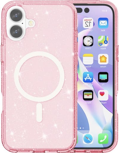 YPCd Glitter Hoesje met MagSafe voor Apple iPhone 16 – Shockproof TPU Backcover – Verhoogde Randen – Transparant Roze