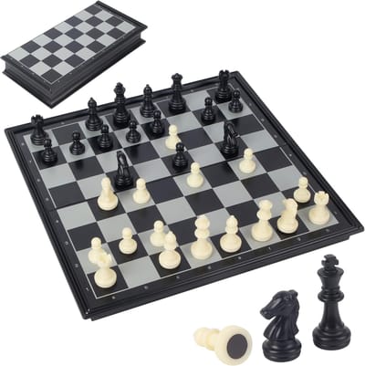 Schaakspel - Opvouwbaar bord - Reizen en thuis - Magnetische stukken - 27 x 27 cm - Zwart-wit