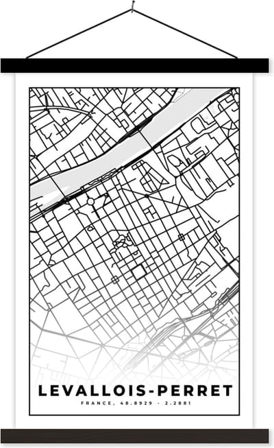 Posterhanger incl. Poster 40x60 cm - Schoolplaat - Frankrijk - Plattegrond - Levallois-Perret - Stadskaart - Kaart - Zwart wit - Textielposter - Zwarte latten - Stadskaart