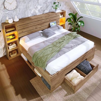 BLACKCOLORS Bed 160×200 cm met lades Bedset met ledverlichting, USB C en opberglades Eiken