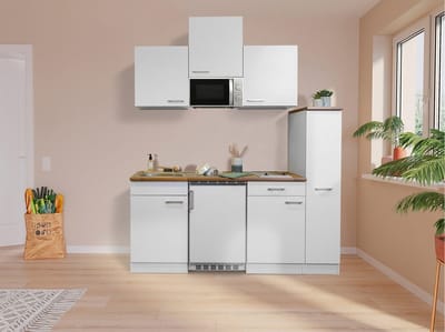 Goedkope keuken 180  cm - complete kleine keuken met apparatuur Luis - Wit/Wit - elektrische kookplaat  - koelkast        - magnetron - mini keuken - compacte keuken - keukenblok met apparatuur
