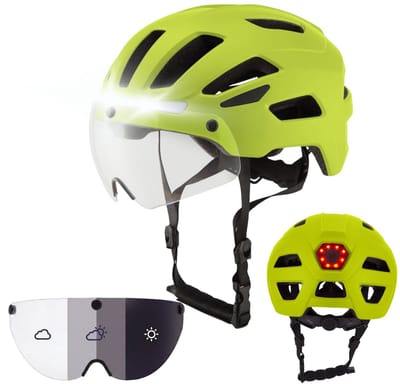 GOOFF® RIDER Fietshelm met Photochromatisch Vizier en Verlichting - Ebike Helm voor Volwassenen - Geschikt voor Elektrische Fiets en Racefiets - LED Licht - Dames en Heren - Fluorgeel - L