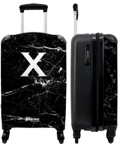 NoBoringSuitcases.com - Zwarte marmer koffer met letter X - Past binnen 55x40x20 cm en 55x35x25 cm - Trolley handbagage initialen zwart - Valiezen met wieltjes volwassenen - Reiskoffer op wielen - Rolkoffer lichtgewicht - Cadeau voor man en vrouw