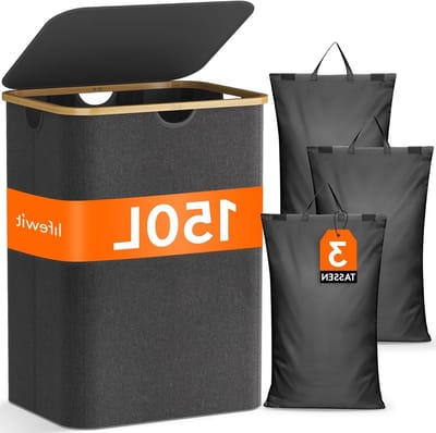 150 l Laundry Basket with Lid - 3 Compartments Laundry Sorting Bin Dark Grey - Large
