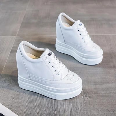 Verborgen Hak 11CM Sleehakken Schoenen Dames Platform Echte Leren Schoenen Vrouw Wit Vetersluiting Dikke Zool Sneakers Zwart 35 gray