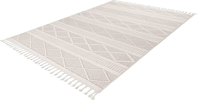 Lalee Tunis plat geweven vloerkleed Bohemian tapijt hoog en laagpolig 3d met grote franjes tijdloos 200x290cm ivoor gebroken wit