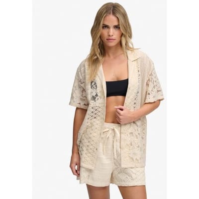 Superdry Lace Patchwork Beach Resort Shirt Relaxed Pasvorm White Grootte: 34