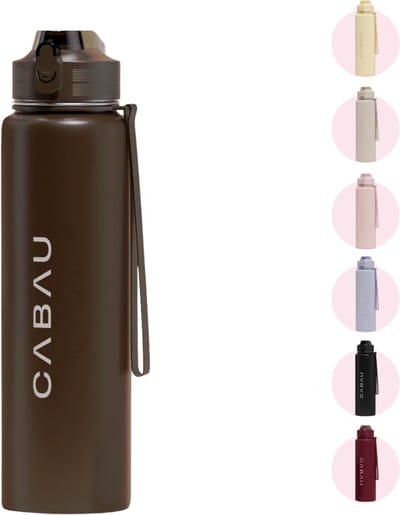 Cabau – Bloom Waterfles Staal – 870 ml – Chocolate Brown – Roestvrijstalen Drinkfles met Rietje – BPA-vrij & Lekvrij – Thermosfles voor Sporten, Werk en Onderweg
