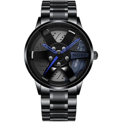 Heren Sport Horloge Waterdicht Autowiel Horloges 3D Hol Wiel Ontwerp Roestvrijstalen Horloge black