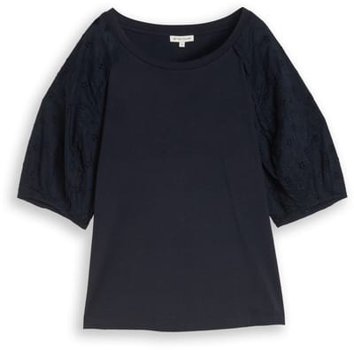 Tom Tailor - T-shirt met opengewerkte borduursels - Maat M - sky captain blue