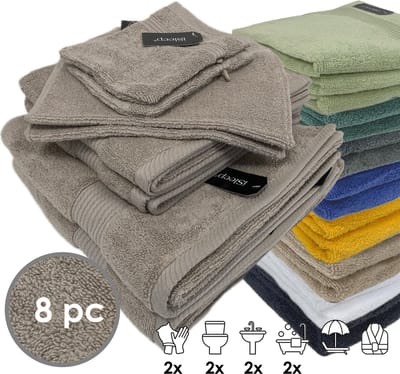 iSleep Terry Badtextiel - Voordeelset (8 delig) - 2x Washandje 16x22 cm - 2x Gastendoekje 30x50 cm - 2x Handdoek 60x110 cm - 2x Badlaken 70x140 cm - Taupe